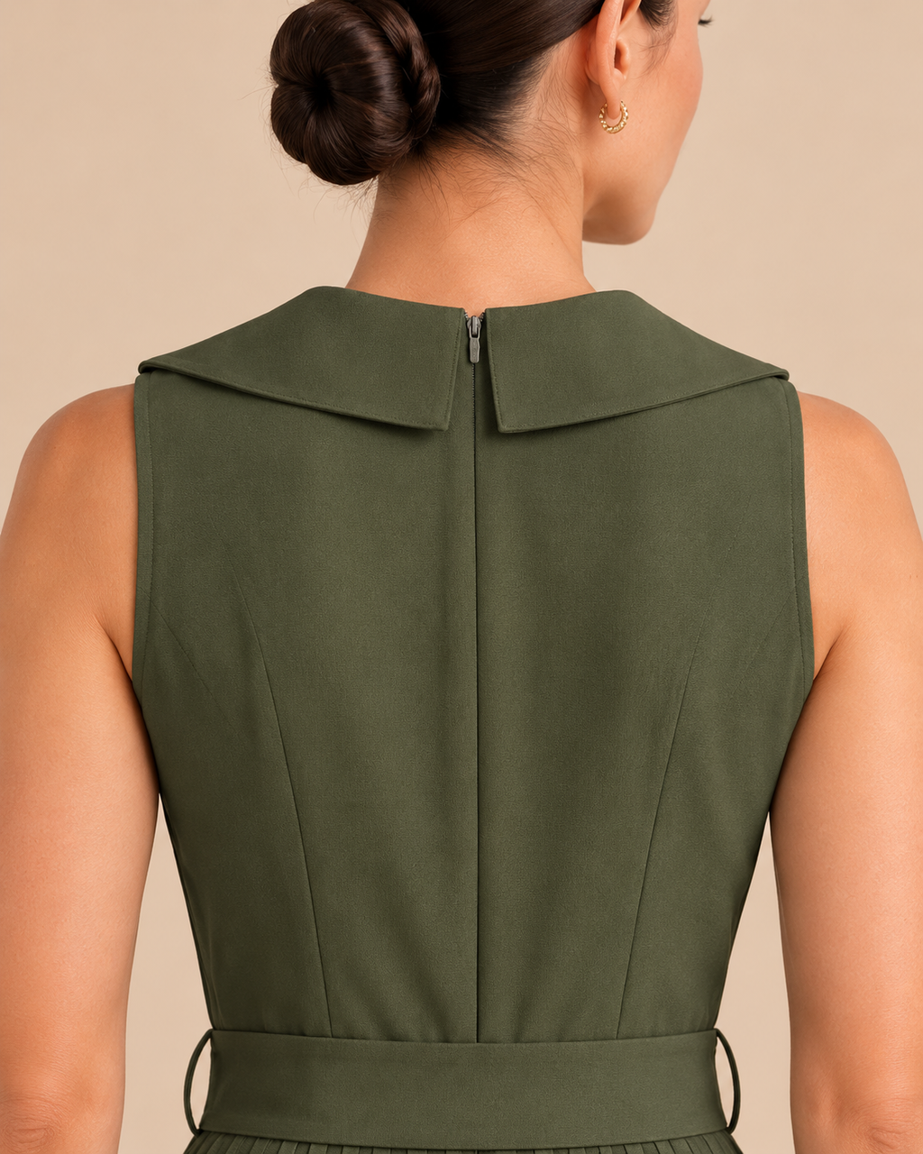 Olive green jumpsuit back neckline and zipper detail