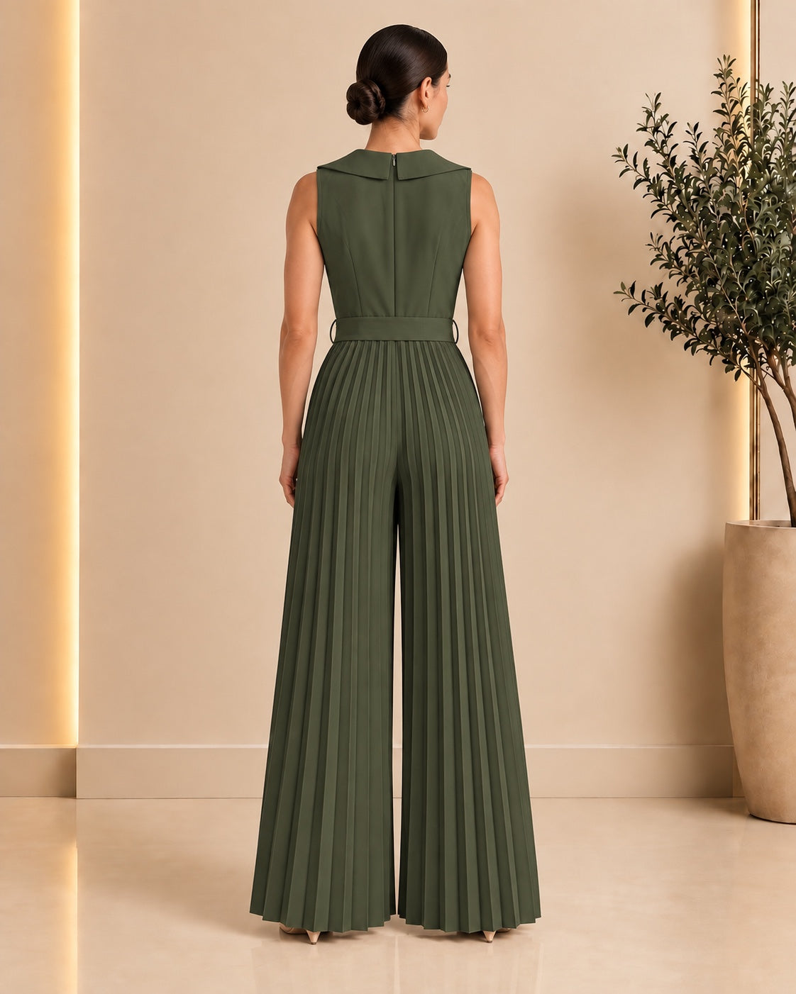 Olive green pleated jumpsuit back view