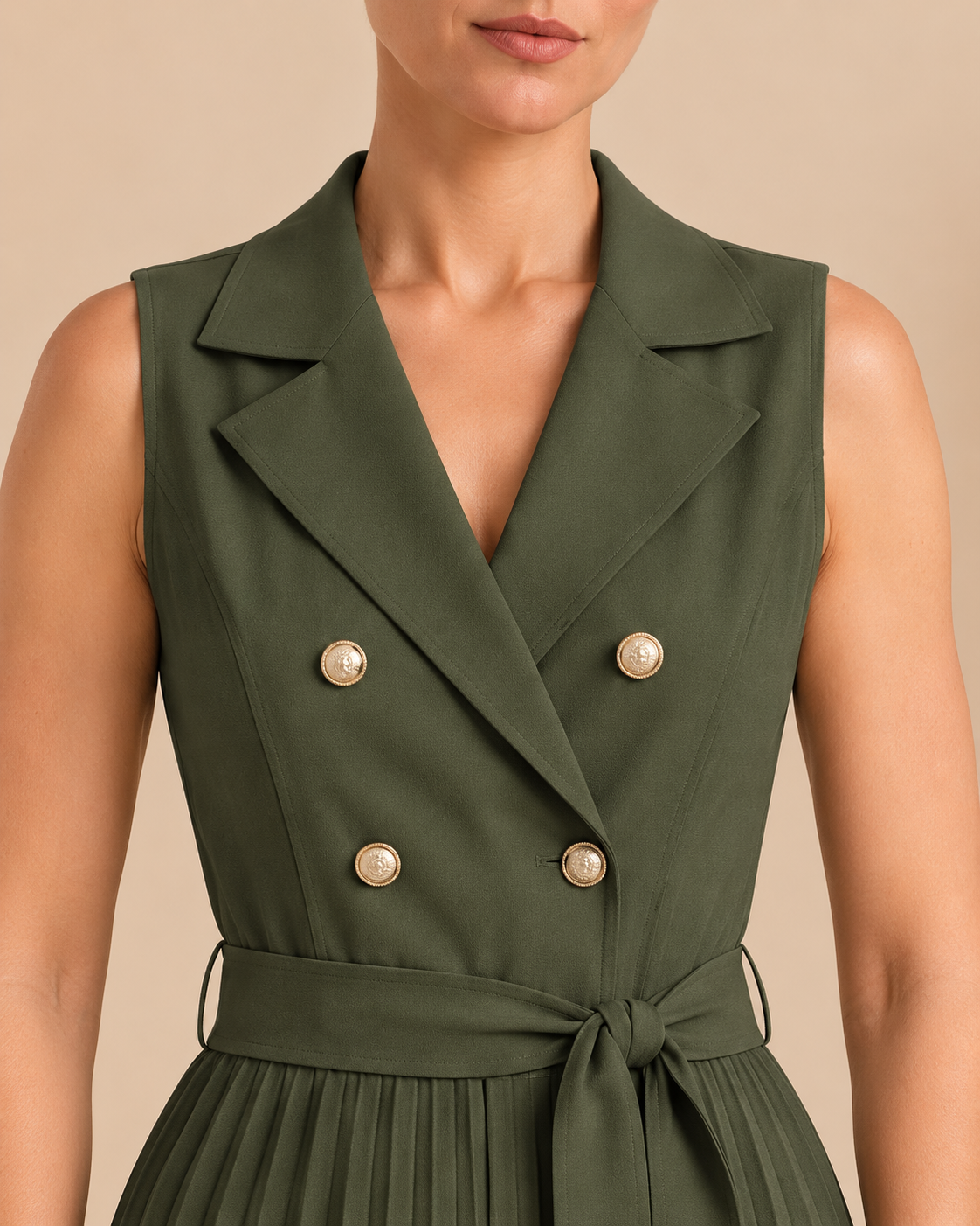Olive green jumpsuit collar and double-breasted button detail