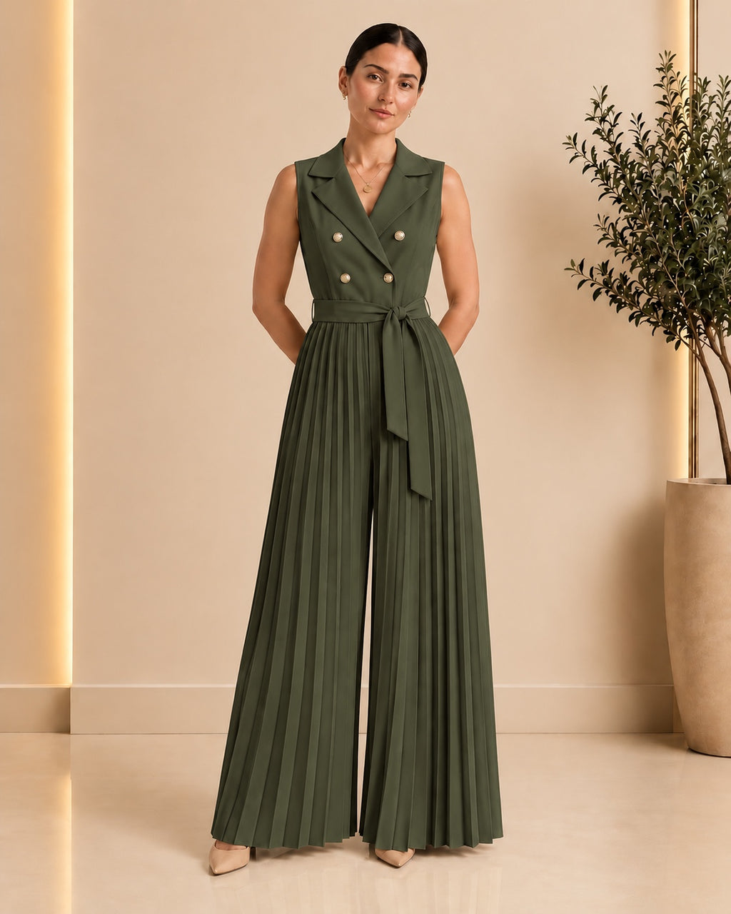 Olive green pleated jumpsuit front view