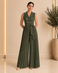 Olive green pleated jumpsuit front view