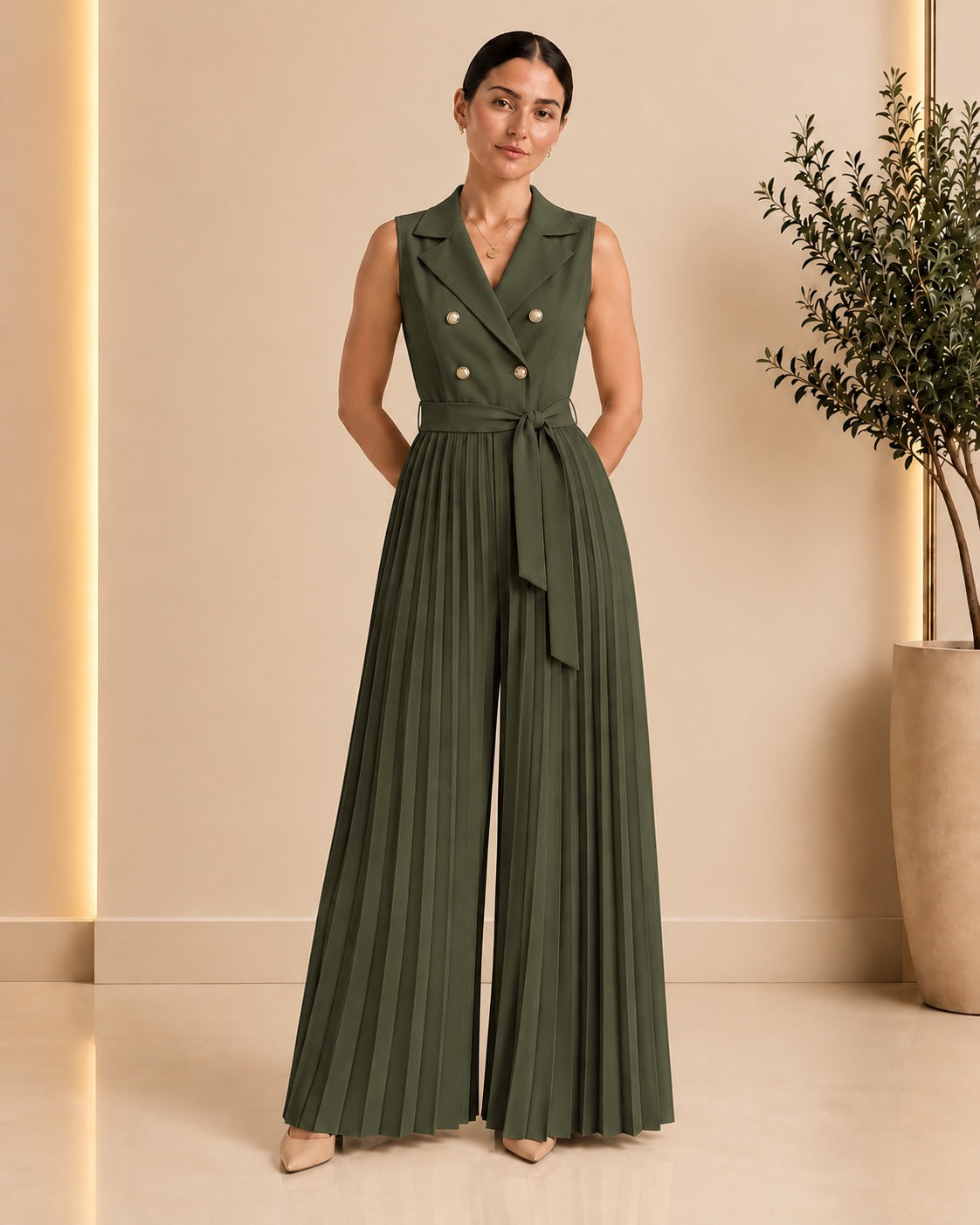 Olive green pleated jumpsuit front view