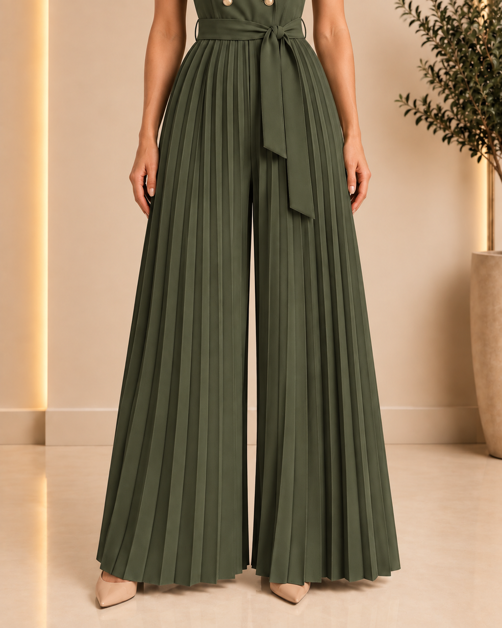 Olive green jumpsuit pleated palazzo leg detail