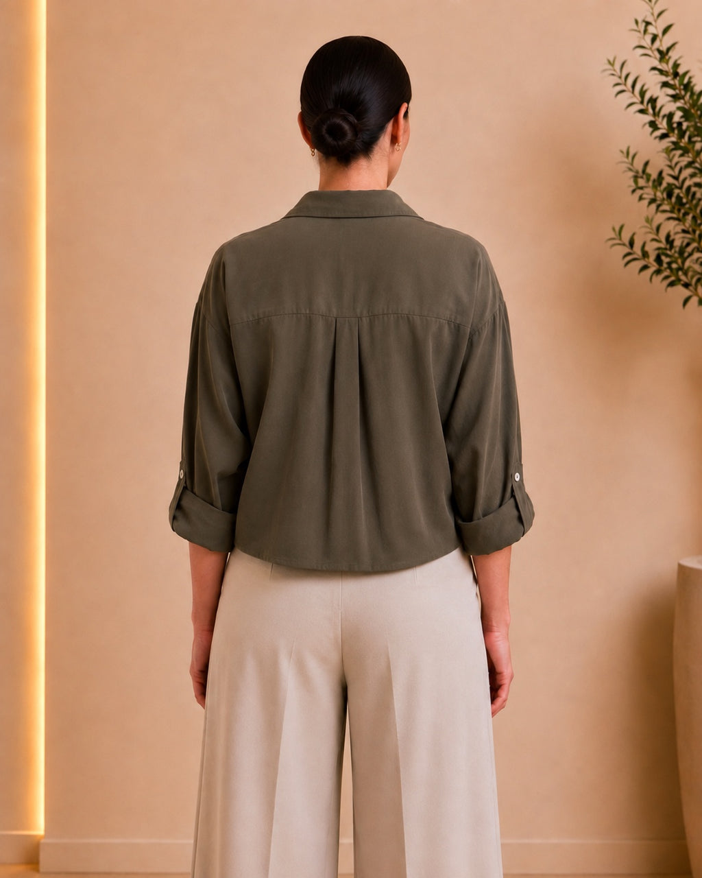 Olive Draped Button Shirt back view