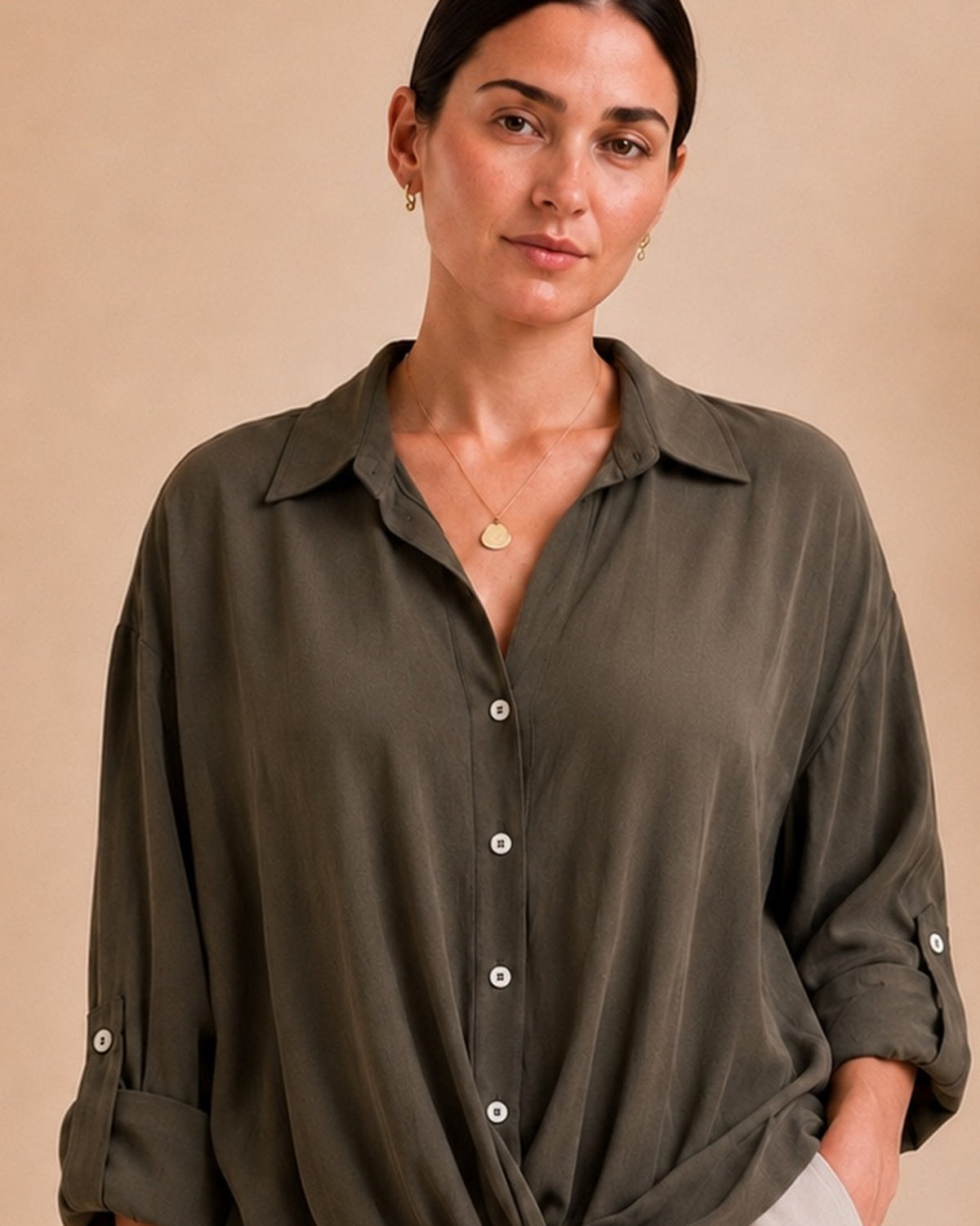 Olive Draped Button Shirt collar detail