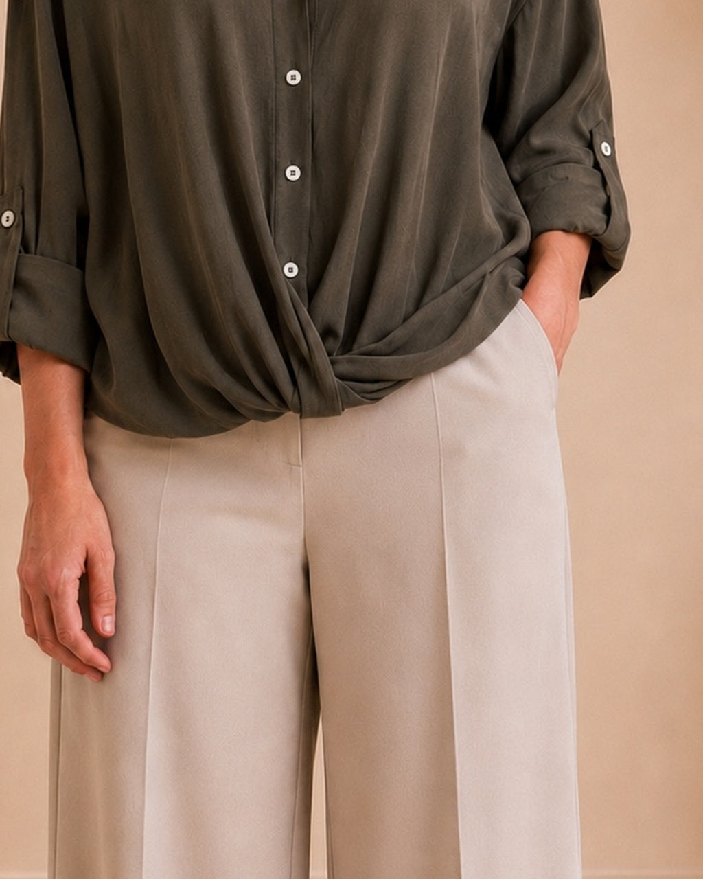 Olive Draped Button Shirt draped hem detail