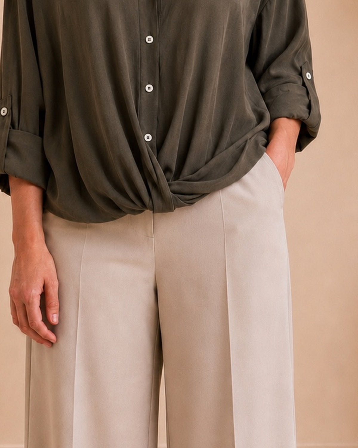 Olive Draped Button Shirt draped hem detail