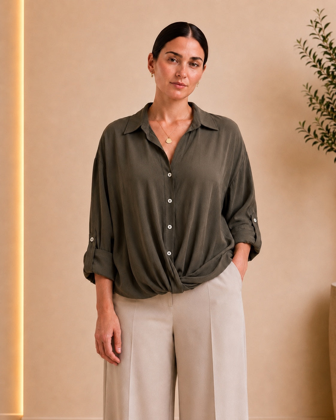 Olive Draped Button Shirt front view
