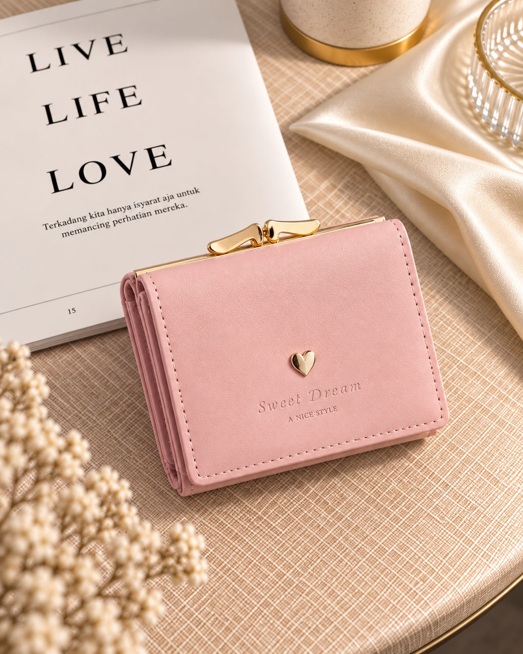 Pink Sweet Dream compact wallet on cream table setting
