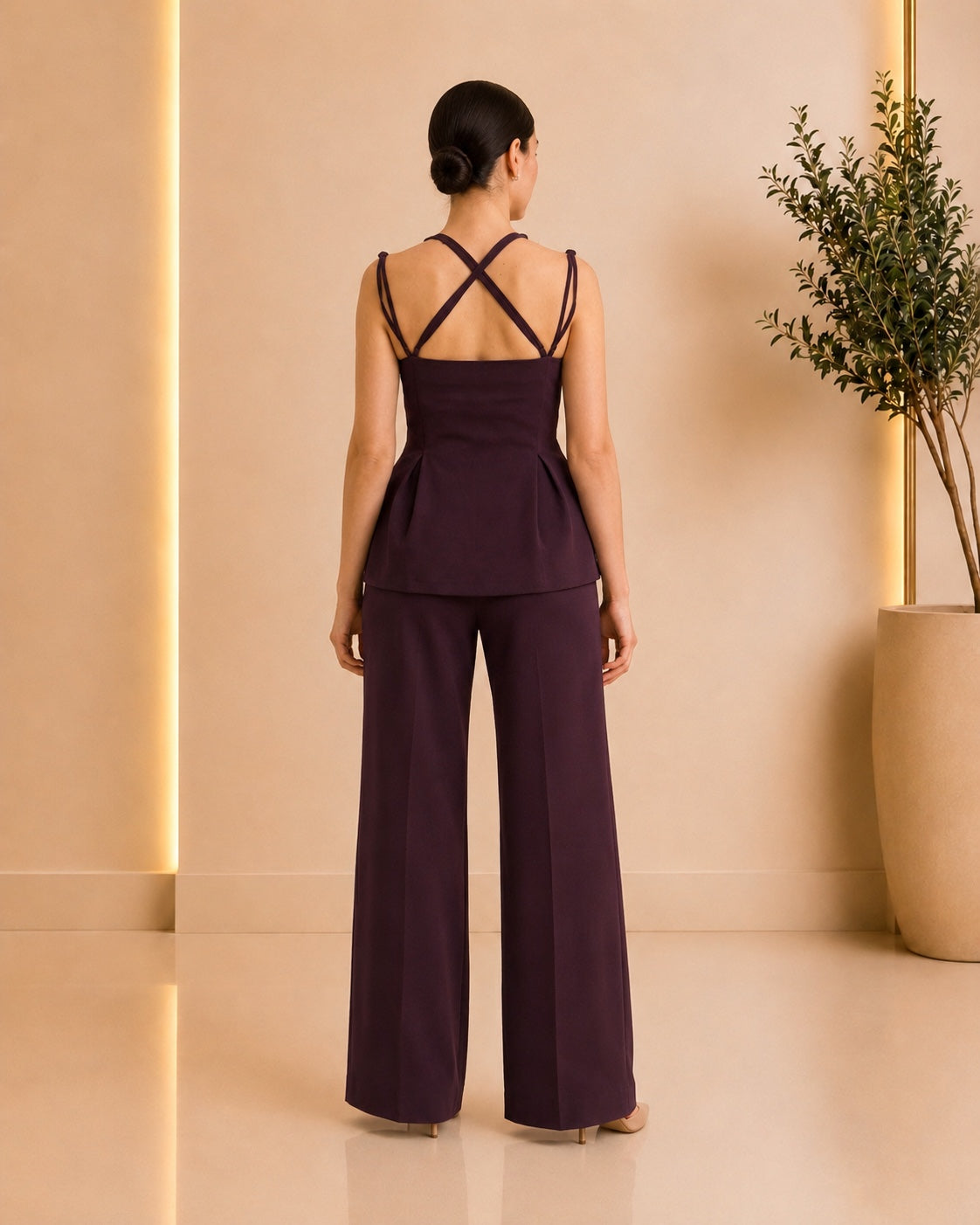 Plum tailored vest and wide-leg pants set back view
