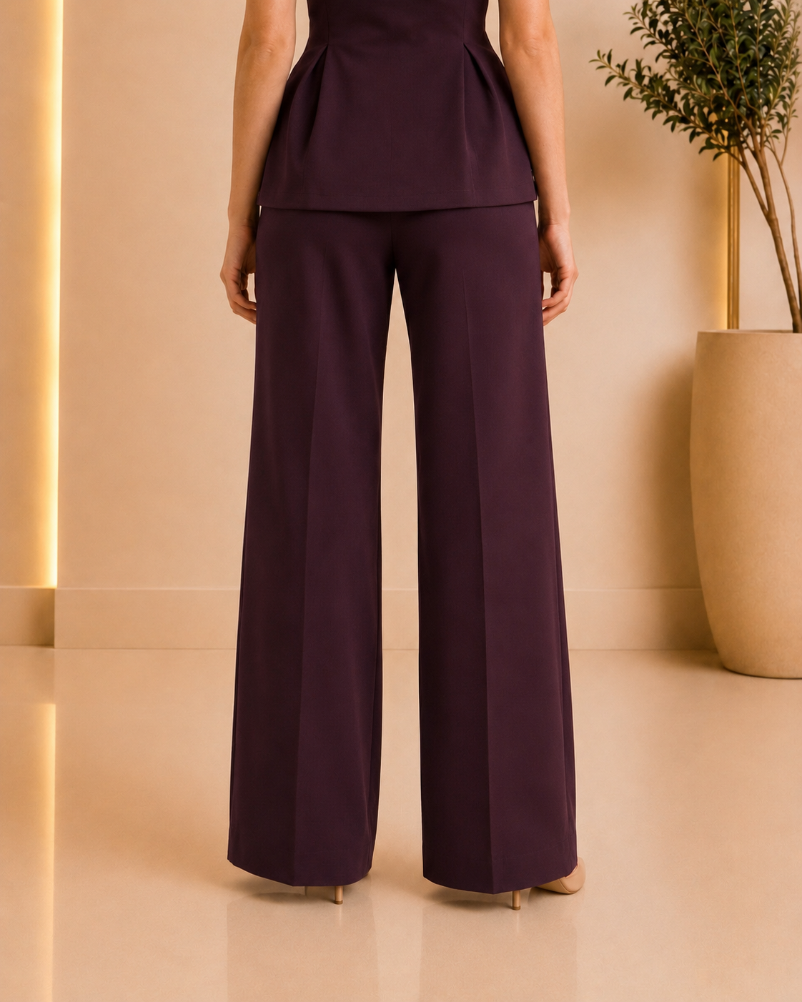 Plum wide-leg trousers back detail