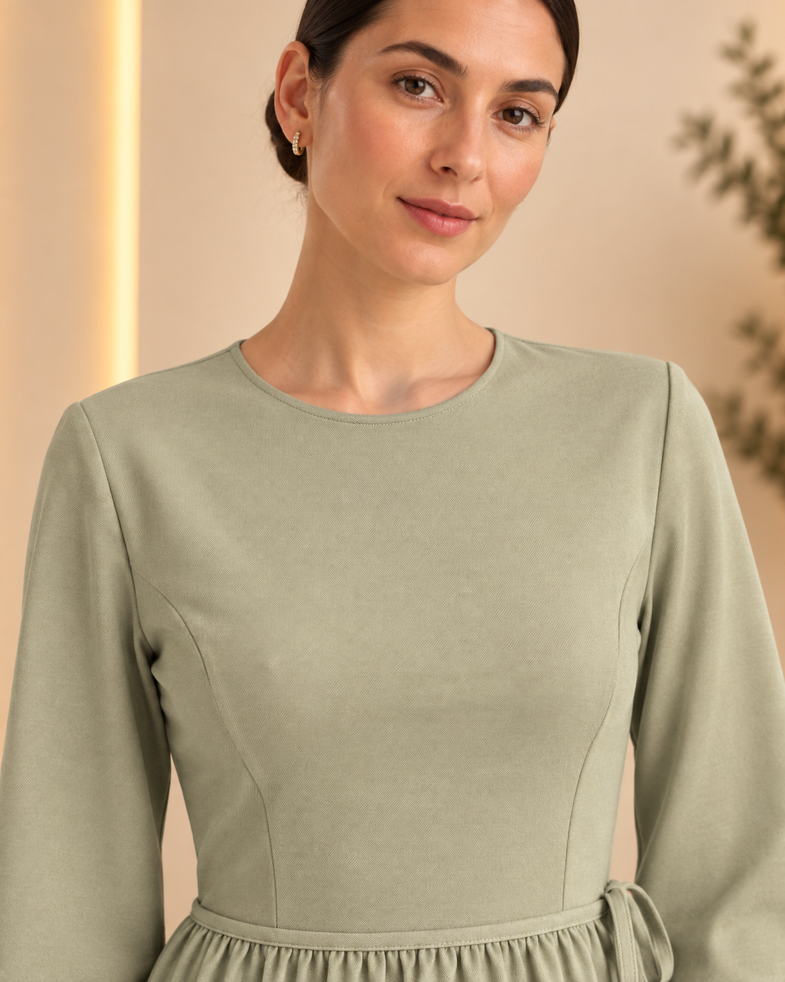 Sage green top neckline and front seam detail