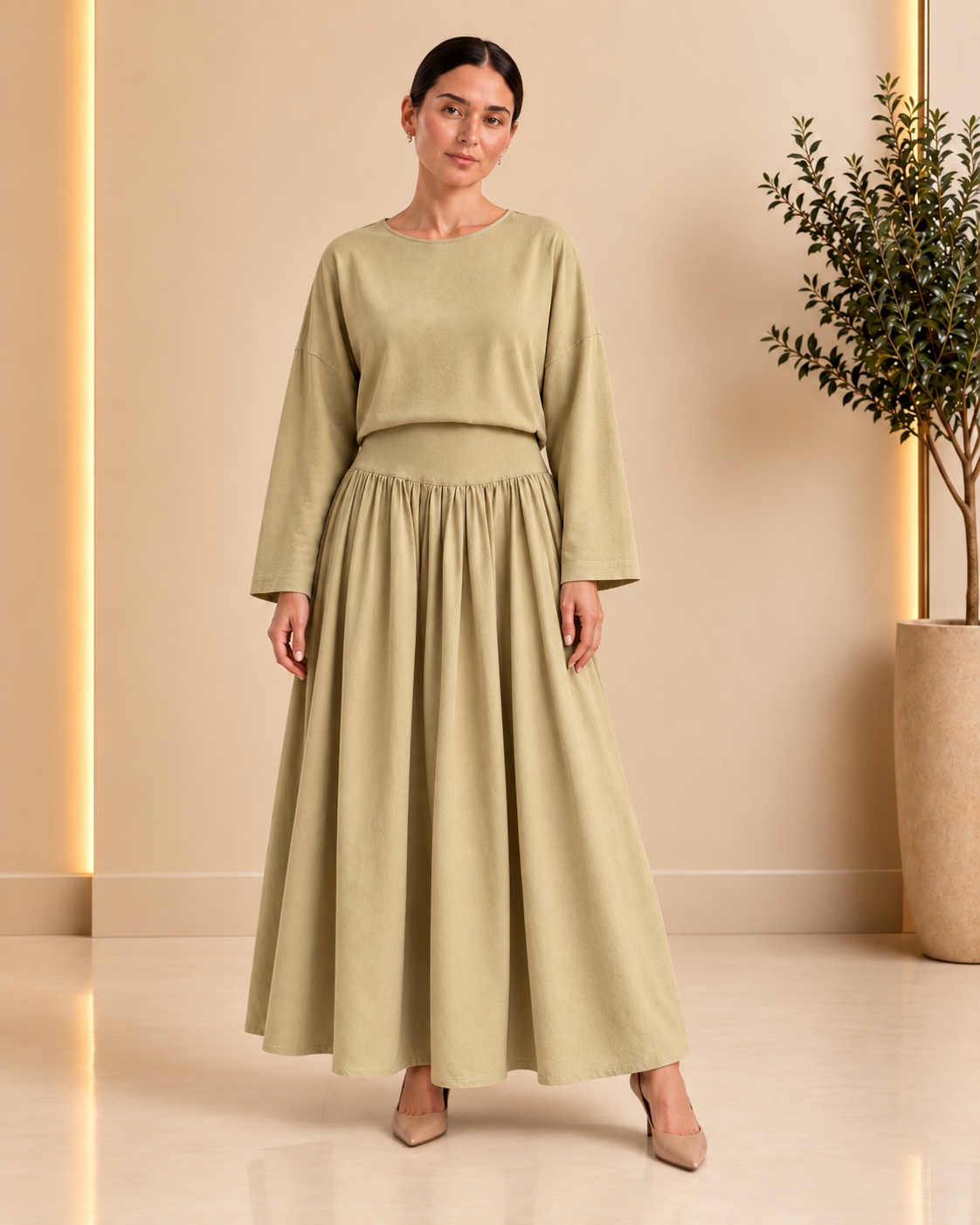 Sage Layered Maxi Skirt Set front view