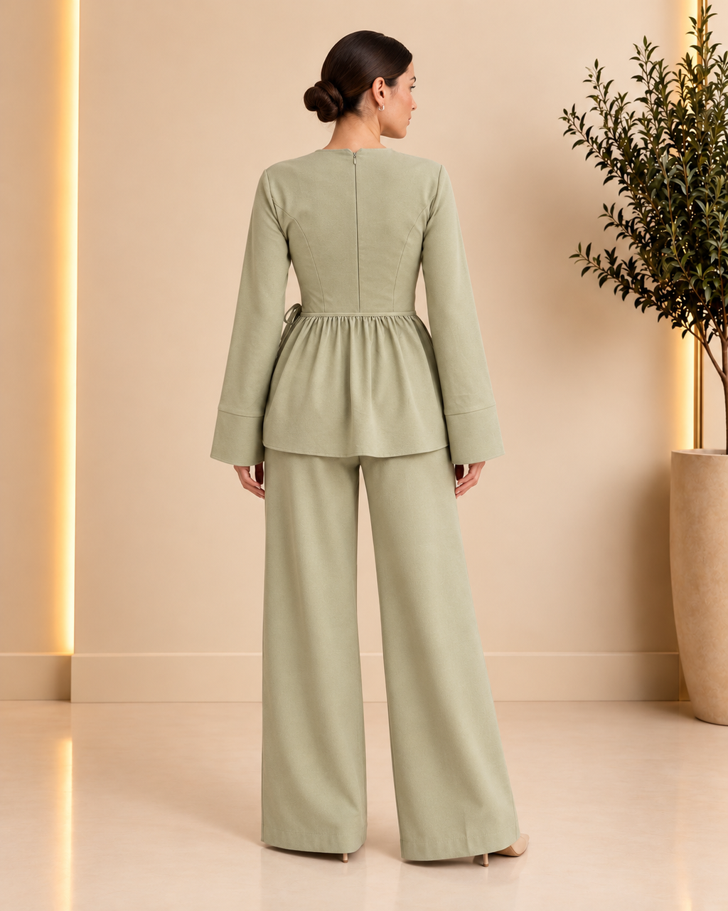 Sage green peplum wide-leg set back view
