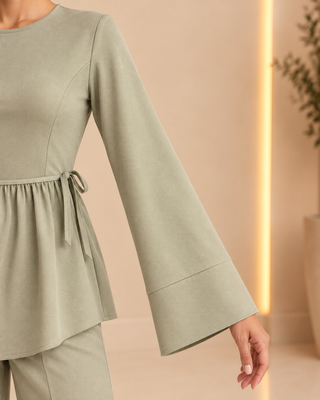 Sage green top wide sleeve and cuff detail