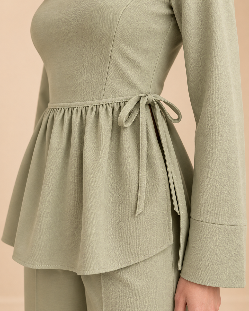 Sage green top gathered waist and side tie detail