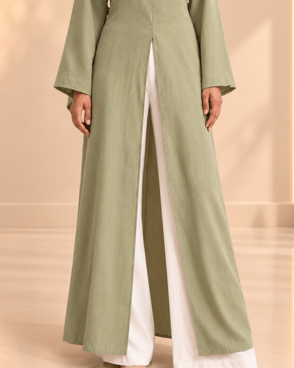 Sage Tie-Waist Long Tunic - front slit detail