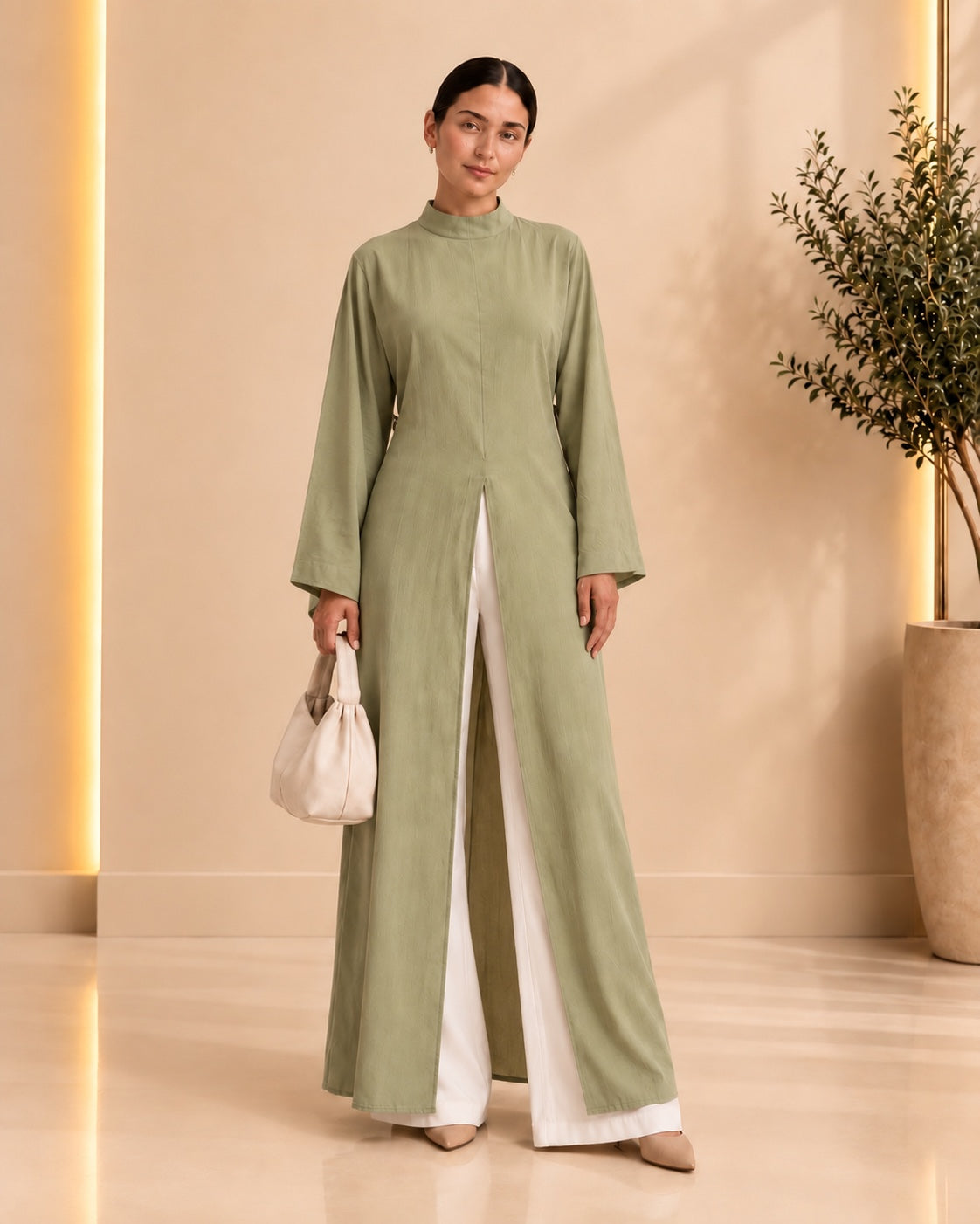 Sage Tie-Waist Long Tunic - front view