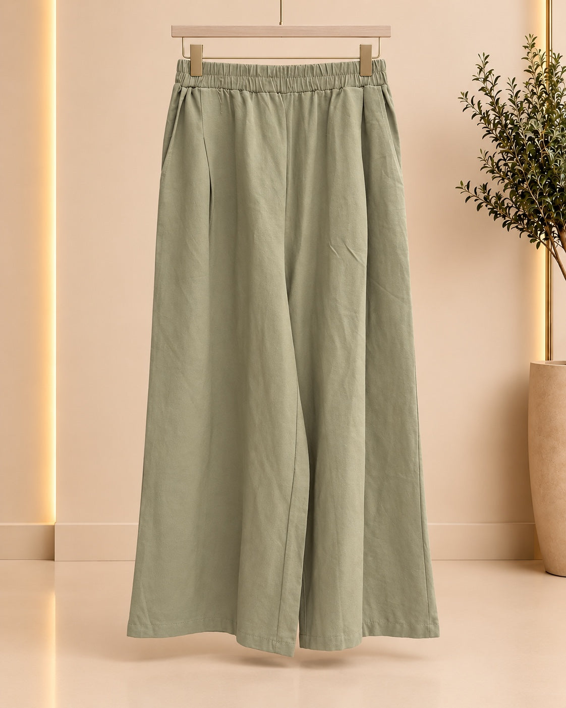 Sage green wide-leg trousers front view