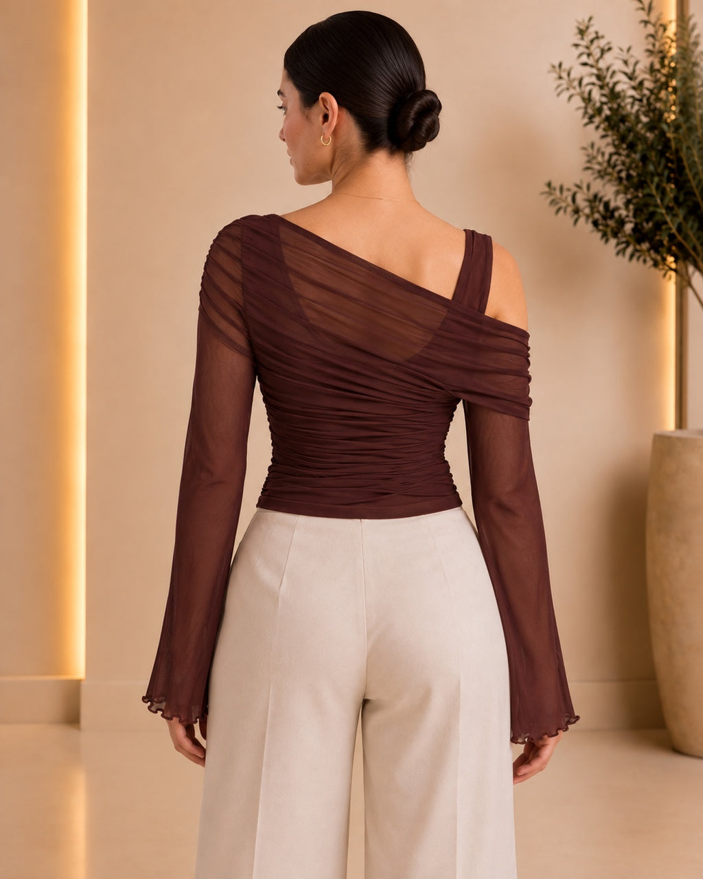 Asymmetric ruched mesh top - back view