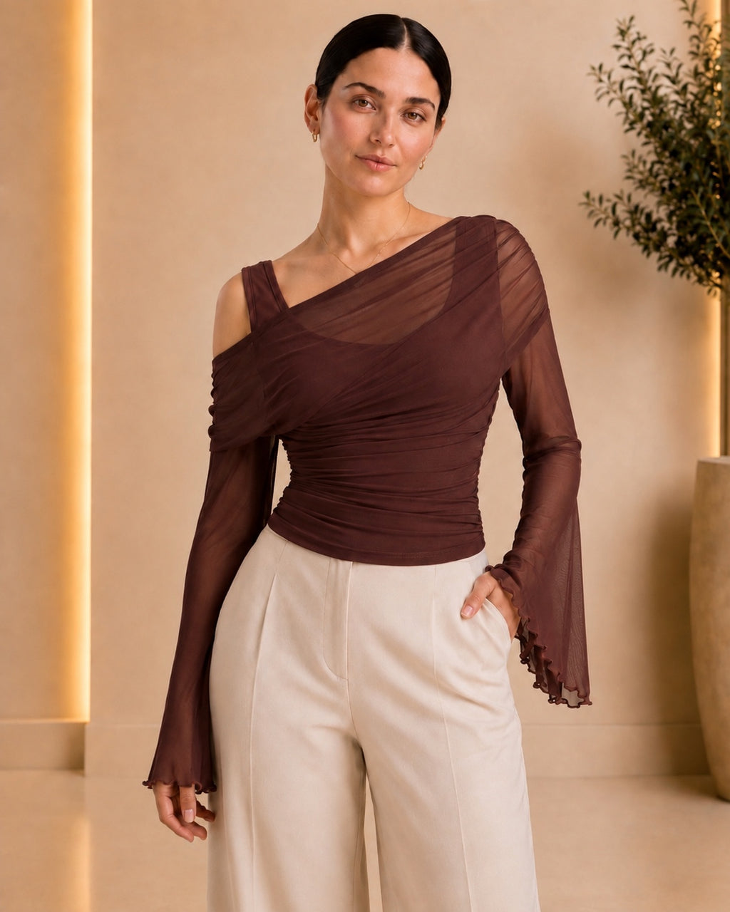 Asymmetric ruched mesh top - front view