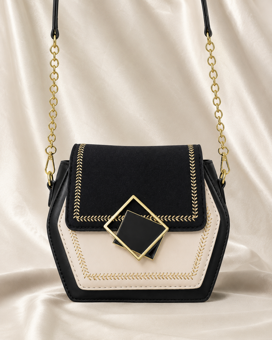 Black and cream embroidered crossbody bag front view