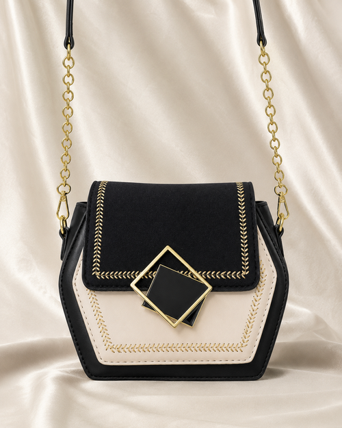 Black and cream embroidered crossbody bag front view