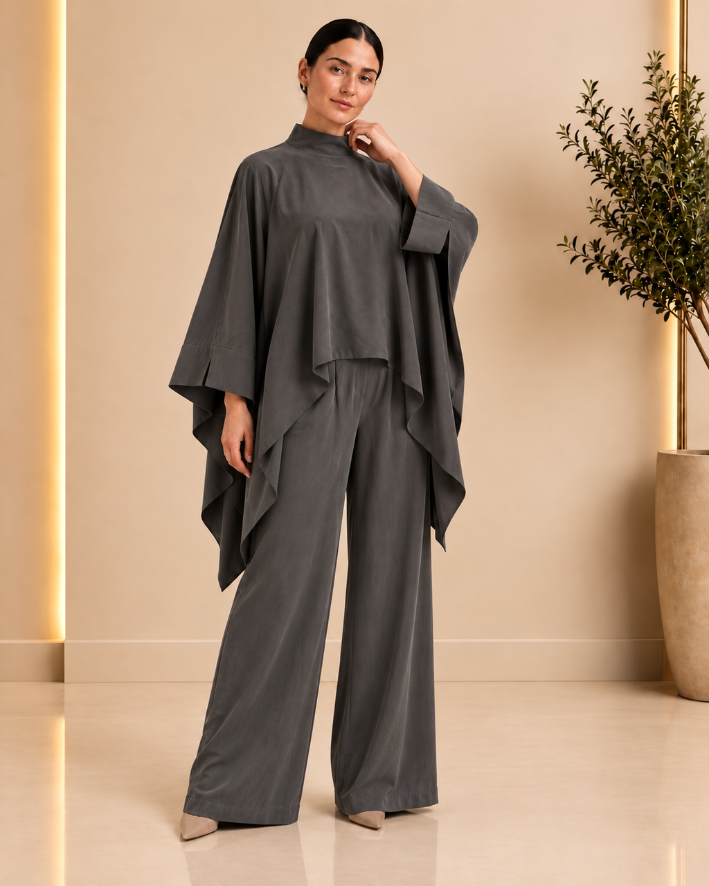 Charcoal Draped Cape Set front view