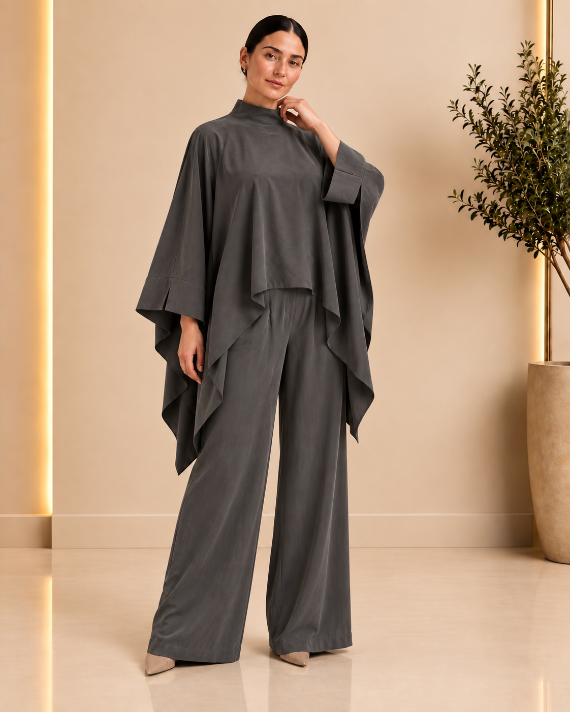 Charcoal Draped Cape Set front view