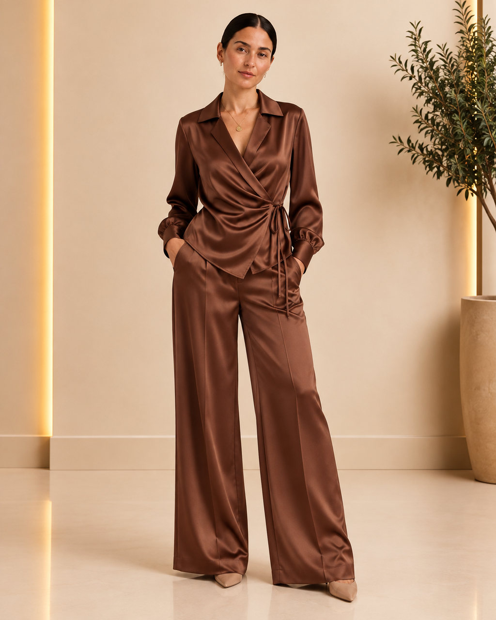 Chocolate satin set front view