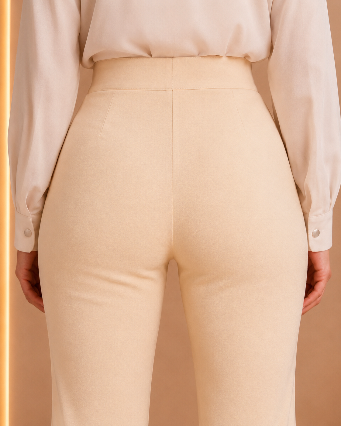 Ivory flare trousers back construction detail