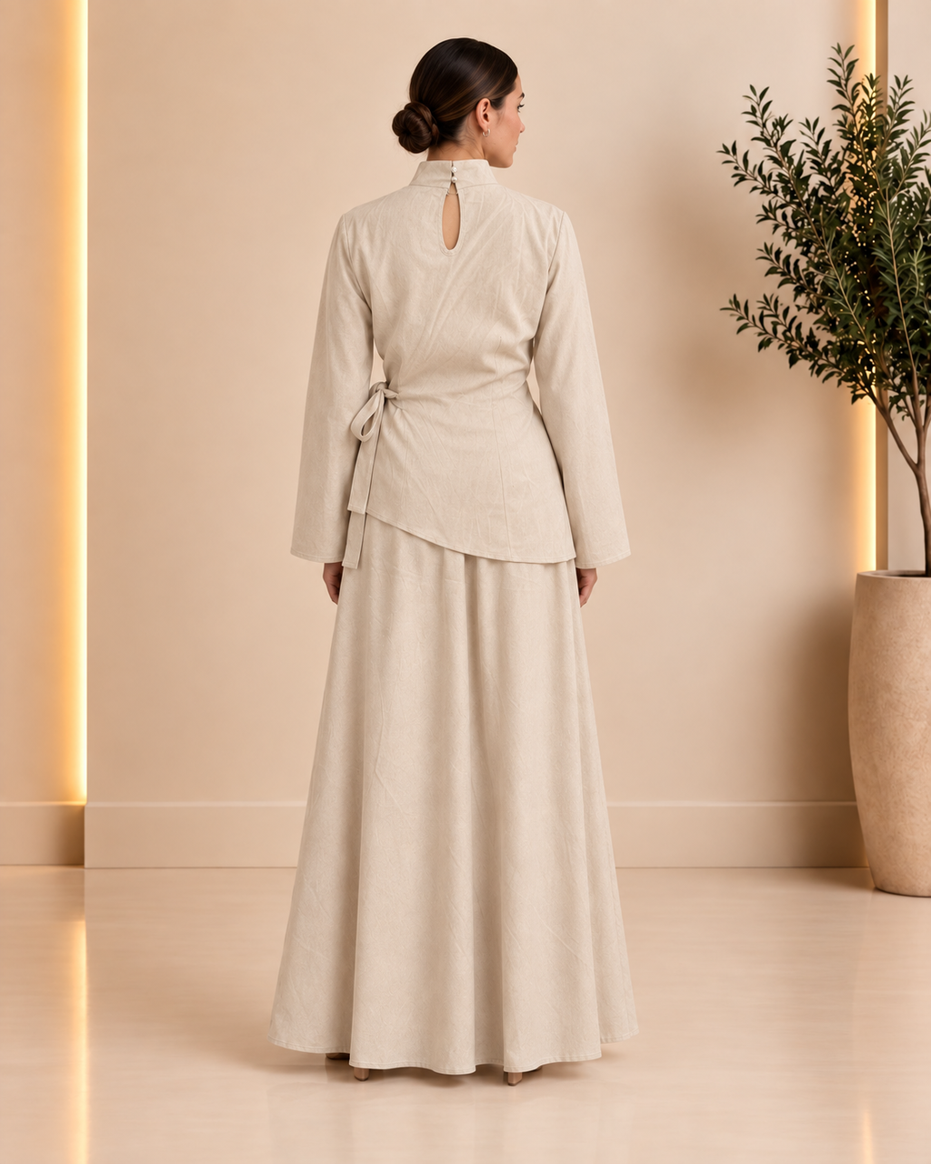 Ivory high-neck wrap top and maxi skirt set back view