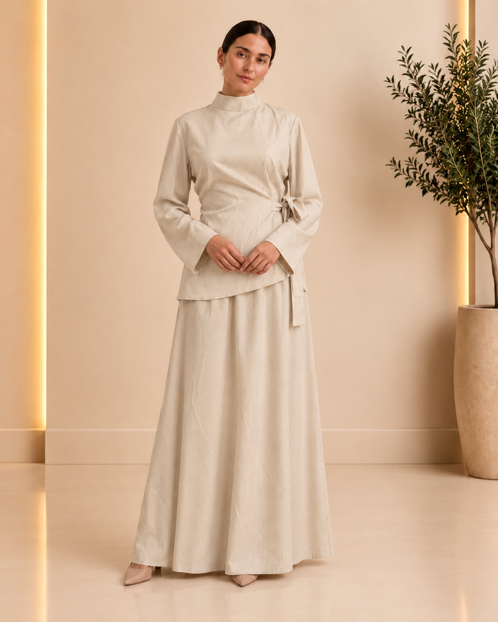Ivory high-neck wrap top and maxi skirt set front view