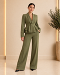 Olive green peplum blazer and wide-leg trousers – front view
