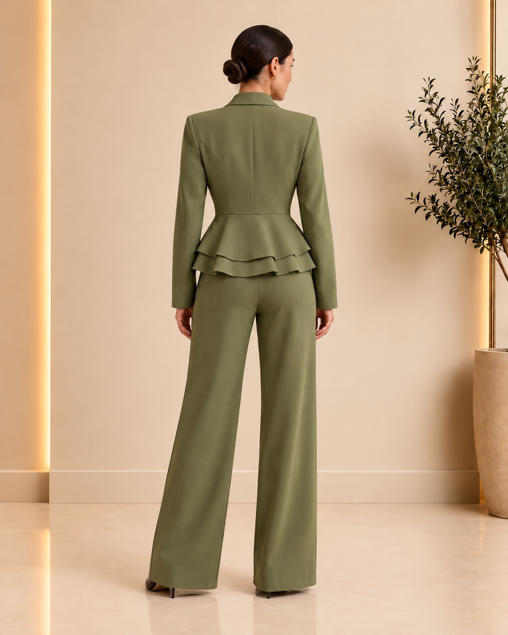 Olive green peplum suit – back view