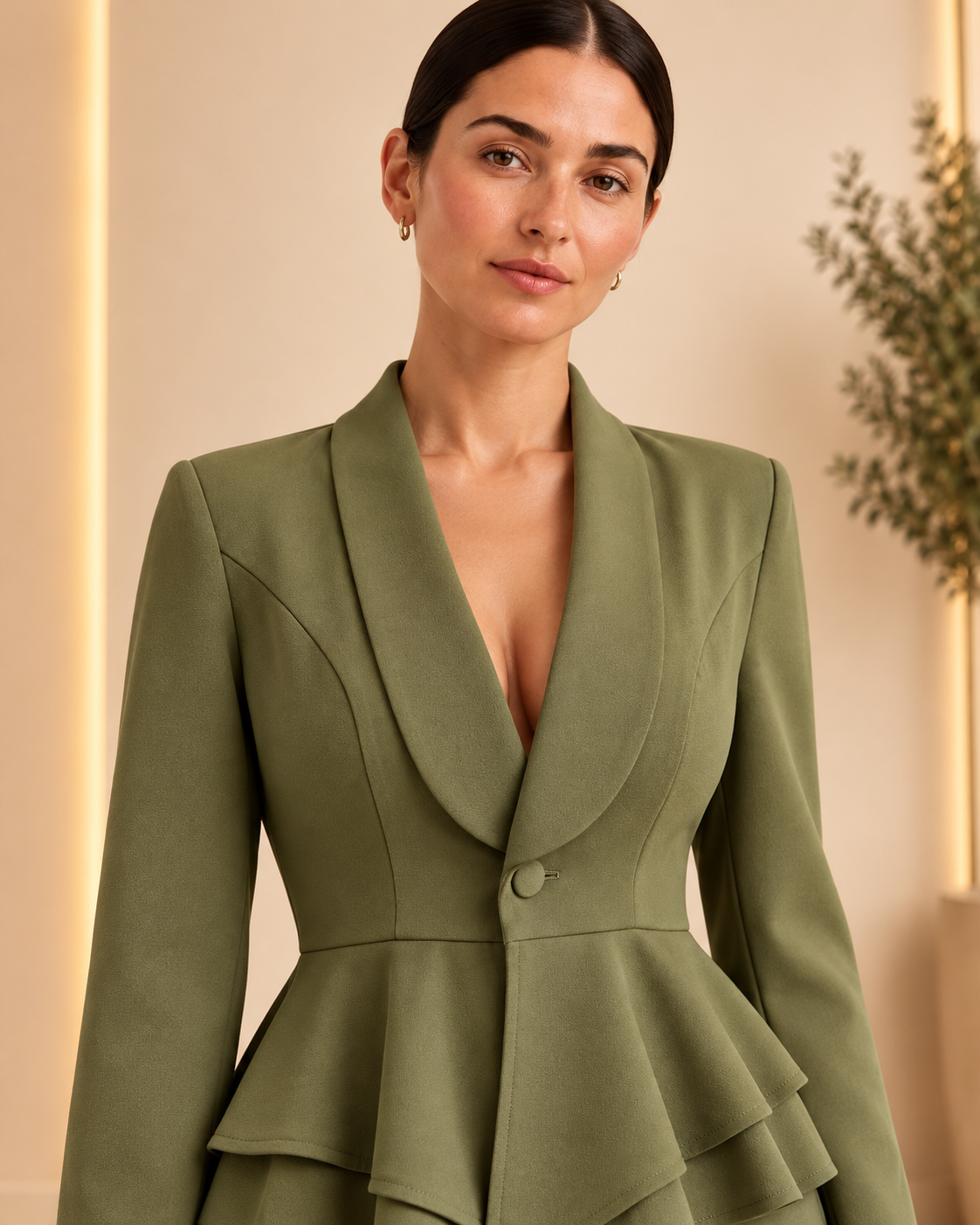 Olive green peplum suit – garment detail 1