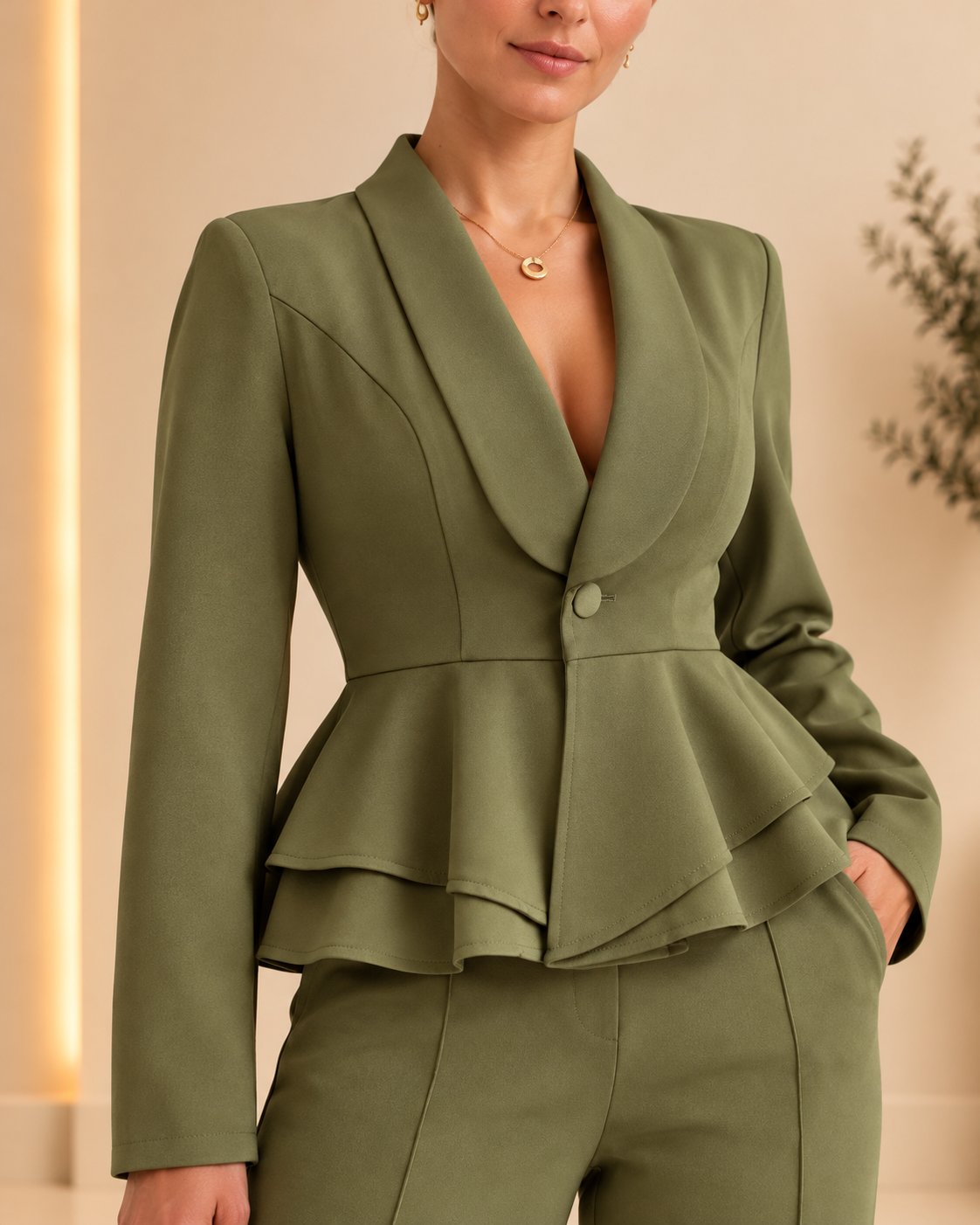 Olive green peplum suit – garment detail 7
