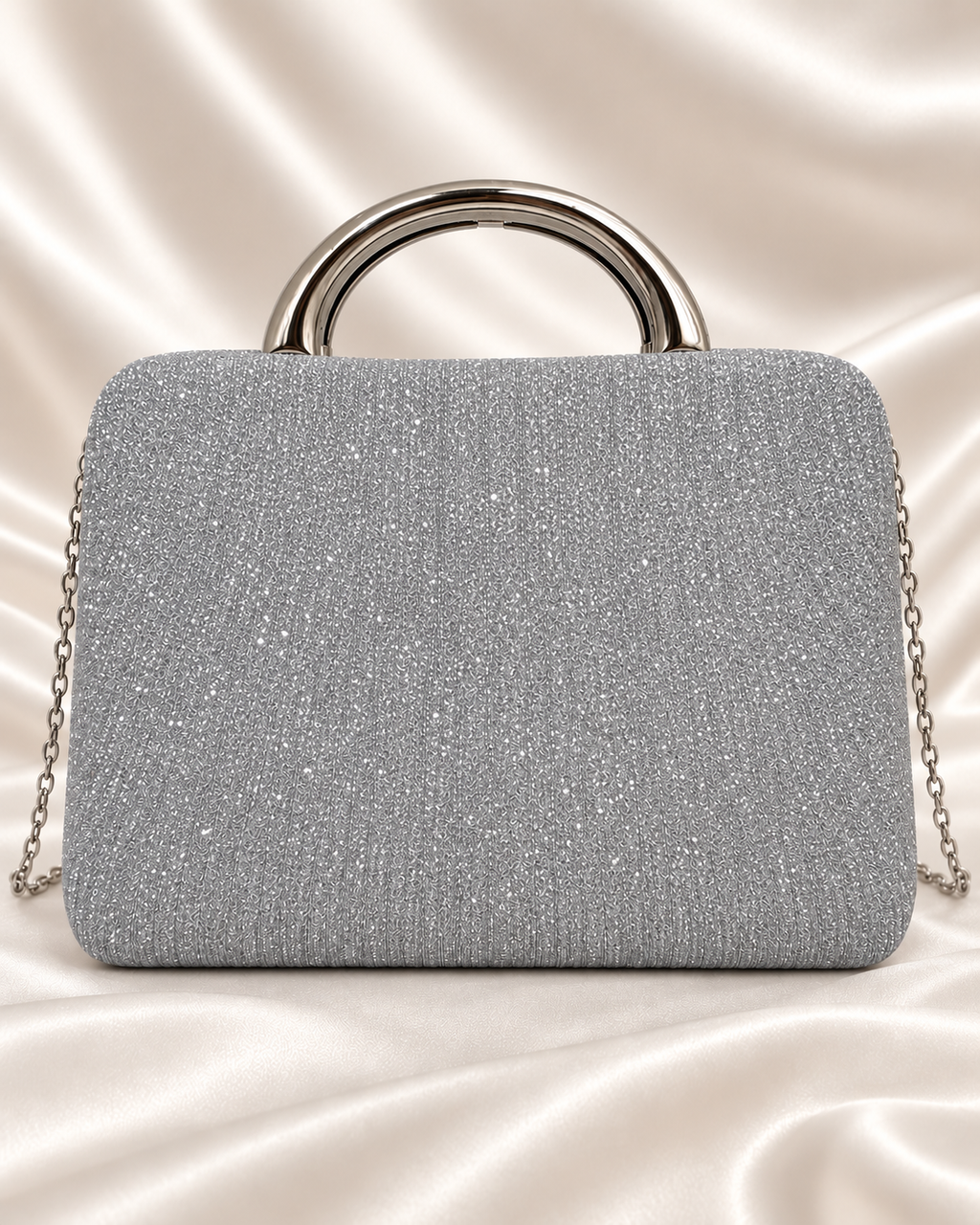 Back detail of silver glitter evening bag