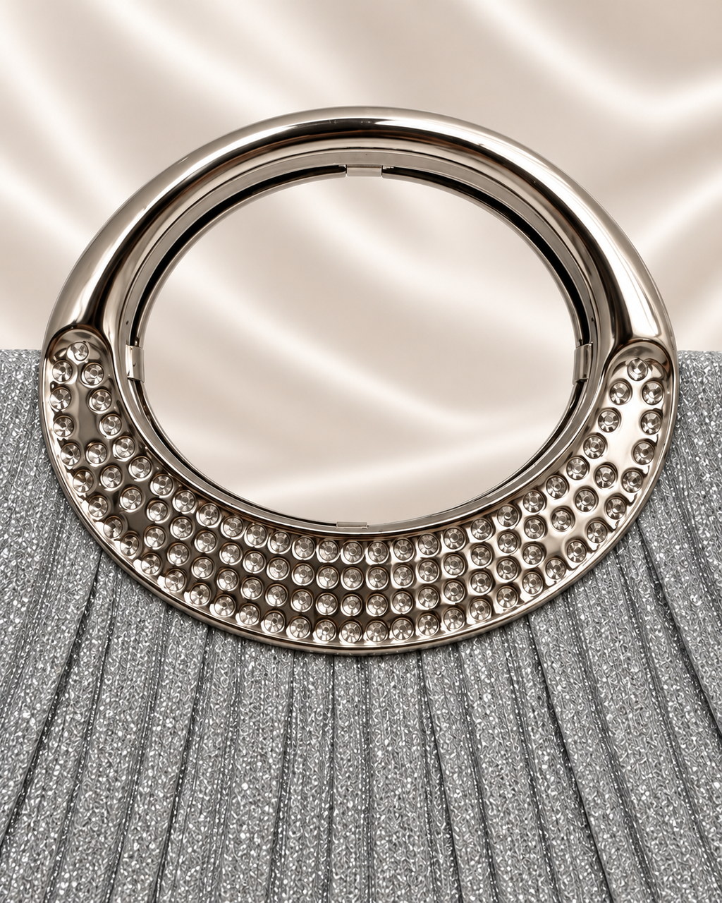 Close-up of silver circular rhinestone handle