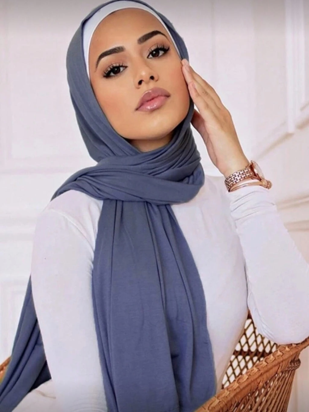 Slate Blue Essential Jersey Hijab on model