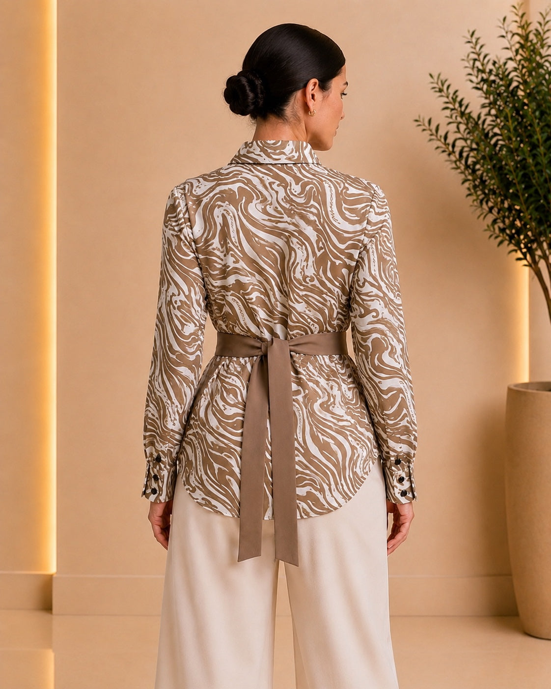 Taupe asymmetric layered shirt back view