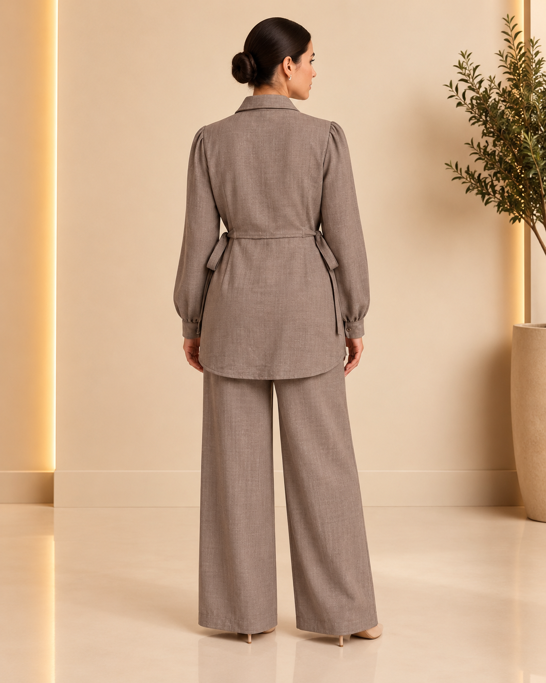 Taupe tie-waist shirt and wide-leg pants set back view