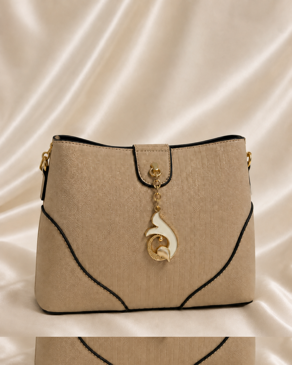 Taupe textured chain-handle handbag front hero view