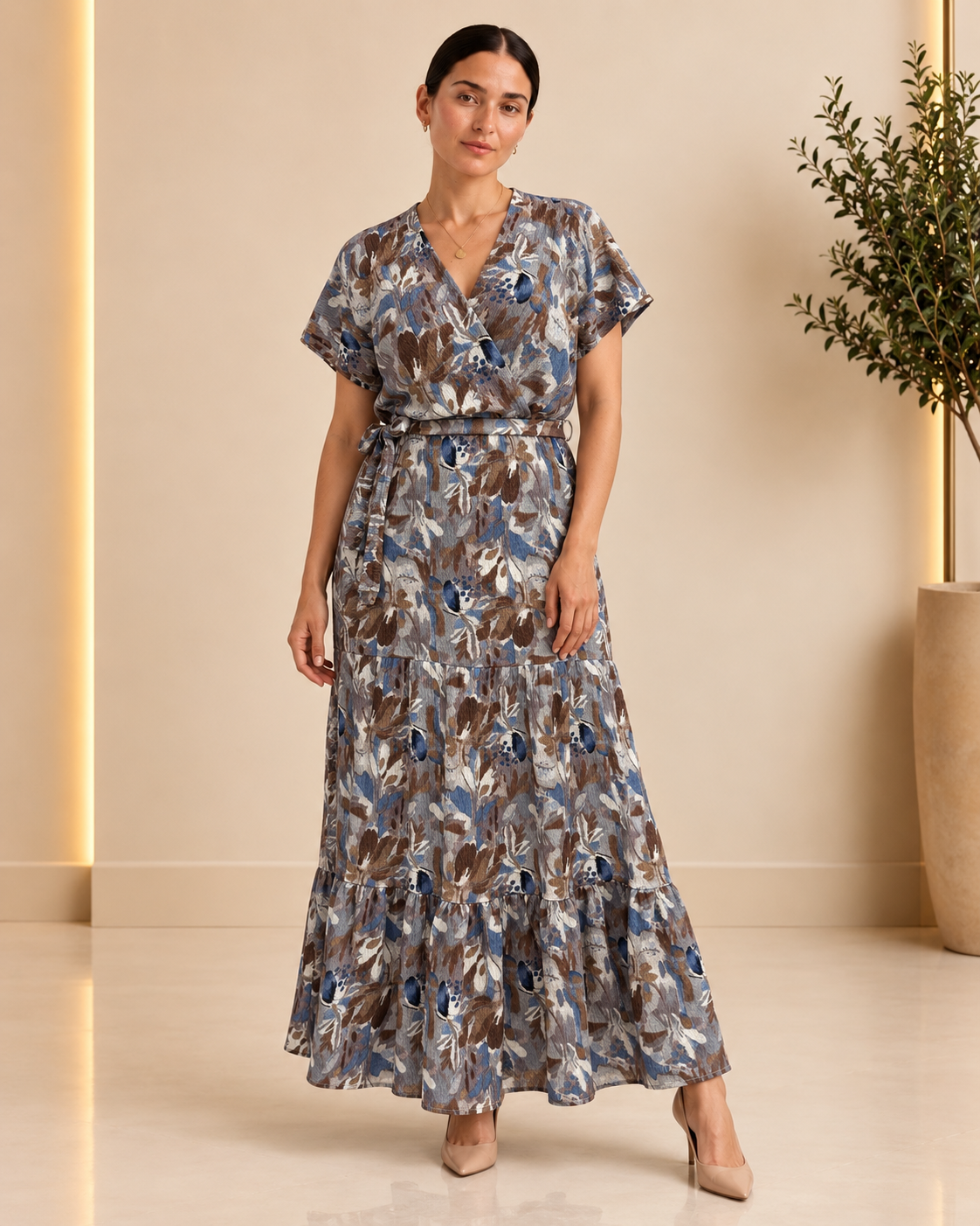 Textured Botanical Wrap Maxi Dress front view