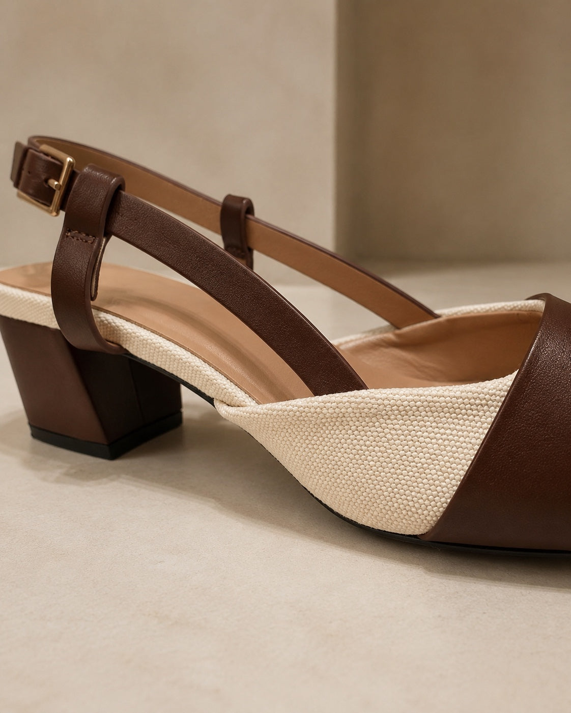 Two-tone canvas slingback heels - side and heel detail