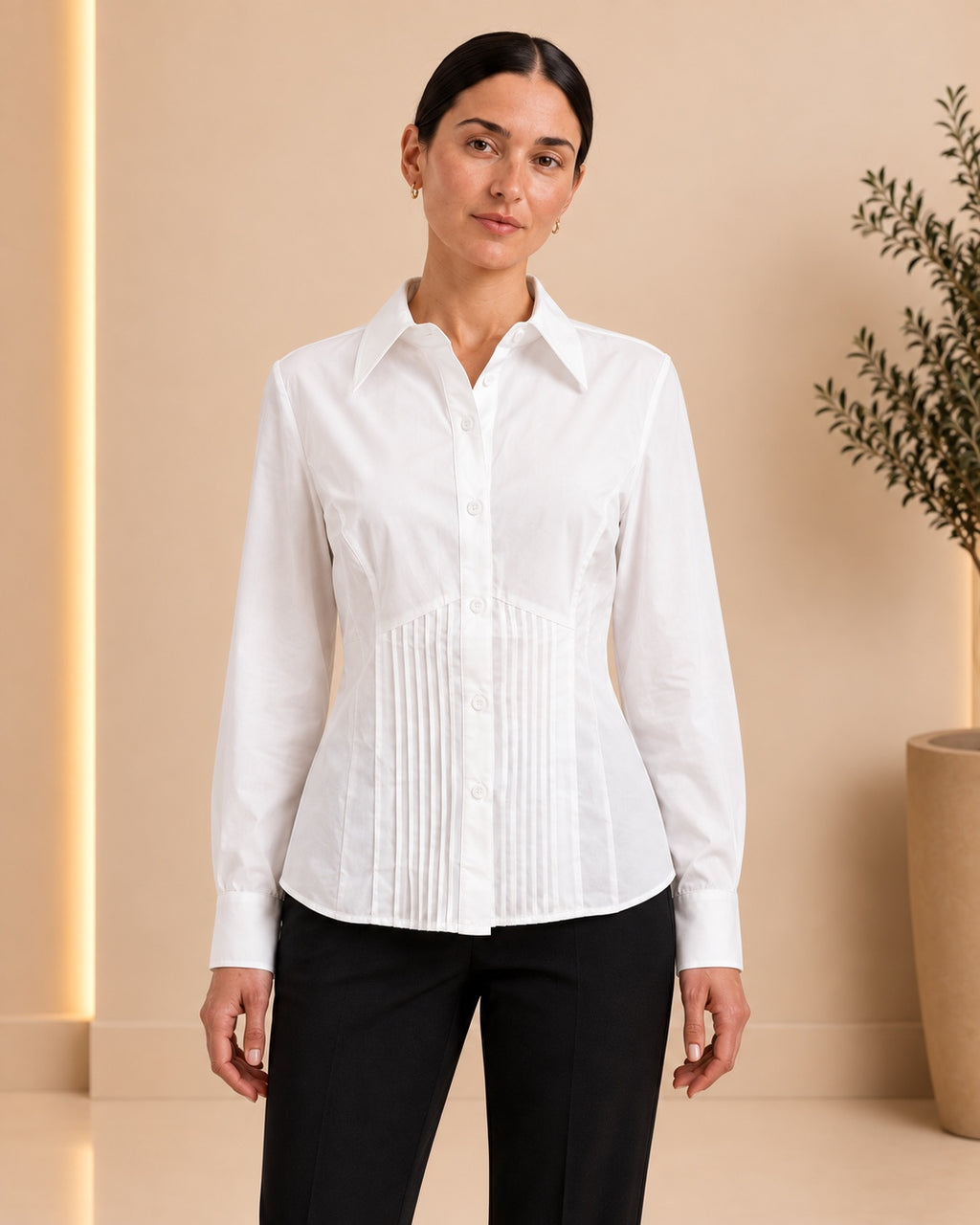 White pintuck fitted shirt close front