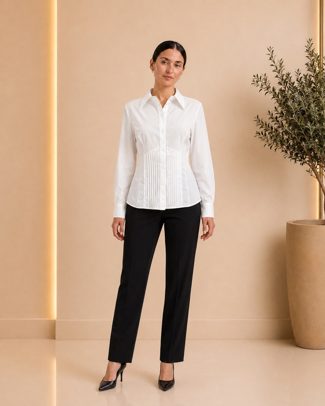 White pintuck fitted shirt full front