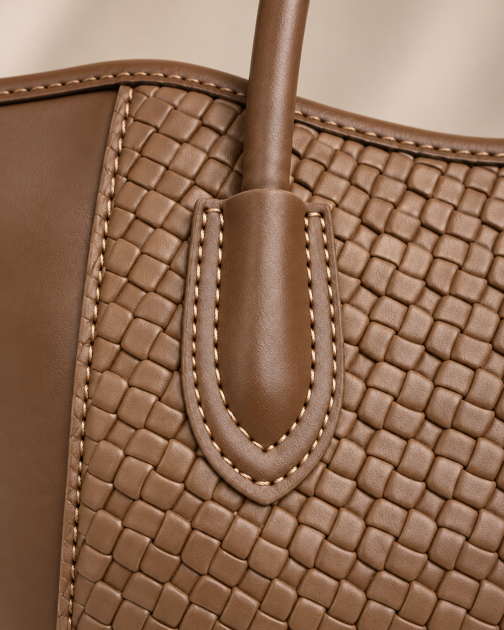 Woven brown scarf tote bag - stitched handle attachment