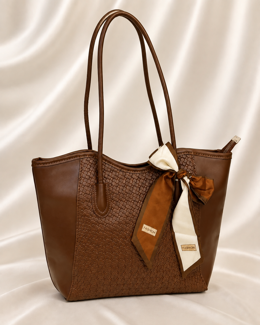 Woven brown scarf tote bag - main view