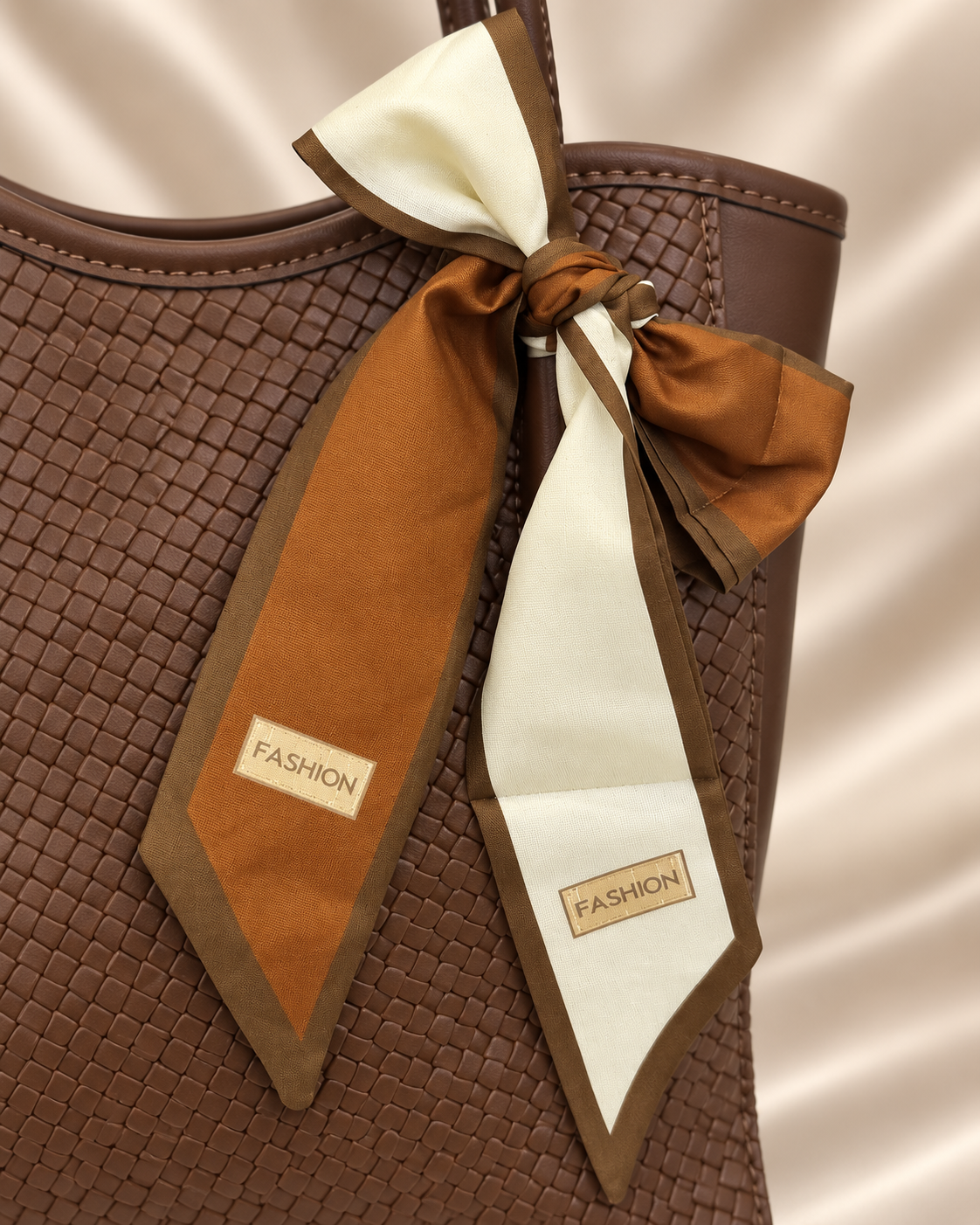 Woven brown scarf tote bag - decorative scarf detail